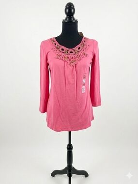 Charter Club Pink Crochet Yoke Long Sleeve Top